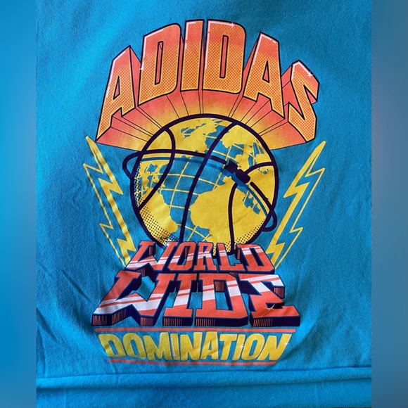 Cropped Blue Adidas Originals World Domination Originals Graphic T-Shirt - Picture 2 of 6